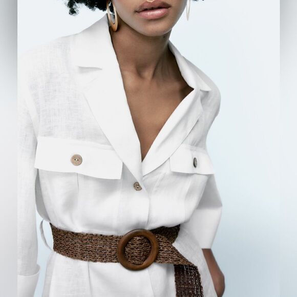 Zara 100% Linen Belted Shirt White New - Picture 3 of 5